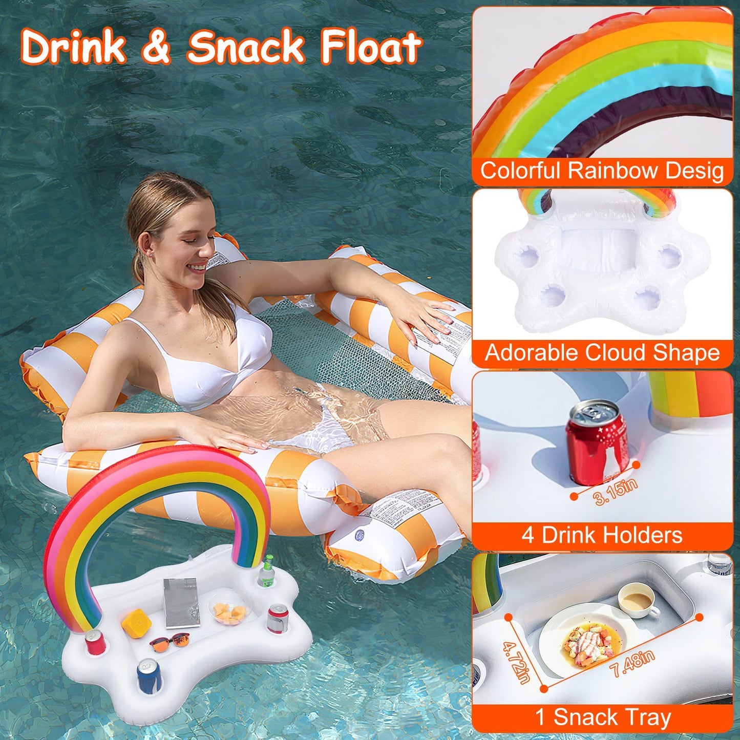 Set Of 3 Pack Inflatable Pool Floats 1 Drink & Snack Float 2 Water Hammocks With High Buoyancy Pillows Cooling Mesh