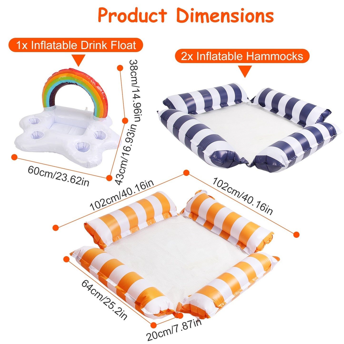Set Of 3 Pack Inflatable Pool Floats 1 Drink & Snack Float 2 Water Hammocks With High Buoyancy Pillows Cooling Mesh